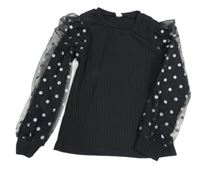 Černé žebrované triko s puntíky Shein