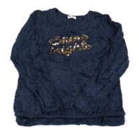 Tmavomodrý chlupatý svetr s nápisem z flitrů H&M