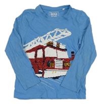 Modré triko s hasičským autem z překlápěcích flitrů C&A