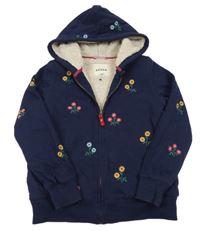 Tmavomodrá zateplená propínací mikina s kytičkami a kapucí Mini Boden