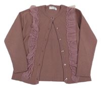 Vínový žebrovaný propínací svetr s volánkem Primark