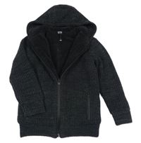 Černo-šedý melírovaný zateplený propínací svetr s kapucí TU