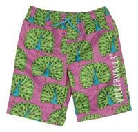 Růžové plážové kraťasy s pávy 