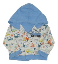 Bílo-modrá propínací mikina s auty, nápisy a kapucí 