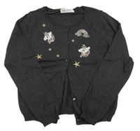 Tmavošedý propínací svetr s obrázky z flitrů H&M