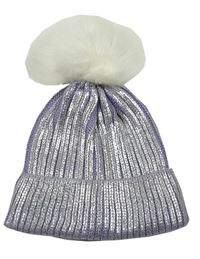 Lila-stříbrná žebrovaná pletená čepice s bambulí Tu