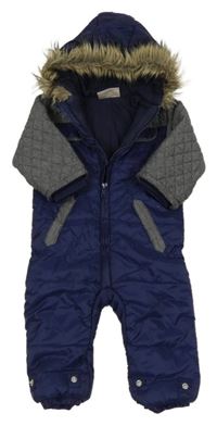 Tmavomodro-melírovaná šusťáková zimní kombinéza s kapucí