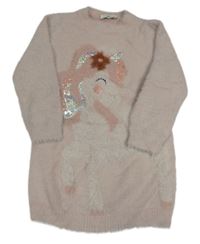 Pudrové chlupaté svetrové šaty s jednorožcem C&A