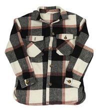 Černo-bílo-starorůžová kostkovaná vlněná košilová bunda H&M