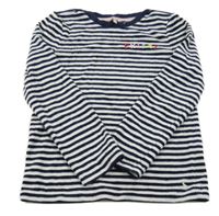 Bílo-tmavomodré pruhované sametové triko s nápisem Joules