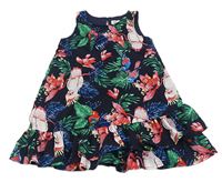 Tmavomodré šifonové šaty s papoušky H&M