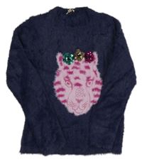 Tmavomodrý chlupatý svetr s tygrem Du Pareil 