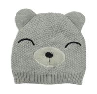 Šedá pletená zateplená čepice s medvídkem