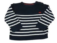 Tmavomodro-bílý pruhovaný svetr s výšivkou 