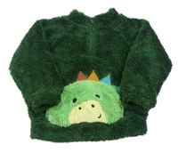 Tmavozelená huňatá mikina s dinosaurem/kapsou St. Bernard