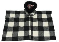 Černo-bílé kostkované vlněné pončo s kapucí s kožešinou St. Bernard