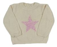 Smetanový žinylkový svetr s hvězdou z flitrů in extenso