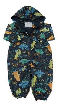 Tmavomodrá šusťáková jarní kombinéza s dinosaury a kapucí Nutmeg