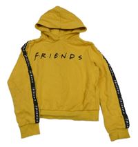 Okrová crop mikina s nápisem - F.R.I.E.N.D.S a pruhem a kapucí 