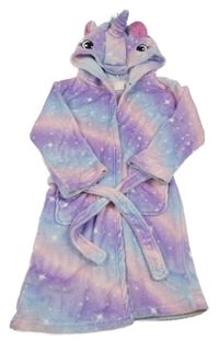 Fialovo-světlemodro/růžový plyšový župan s hvězdičkami a kapucí - jednorožec
