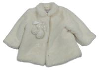 Smetanový kožešinový zateplený kabát s mašlí a bambulkami a límečkem MINOTI