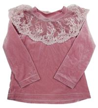 Starorůžová sametová mikina s krajkovým volánkem 