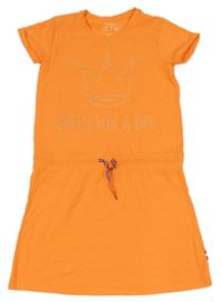 Křiklavě oranžové melírované šaty s korunkou a nápisem HEMA