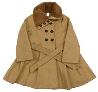 Hnědý kabát s kožešinou a páskem Shein