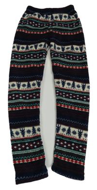 Tmavomodrdo-červeno-zelené vzorované chlupaté pyžamové kalhoty