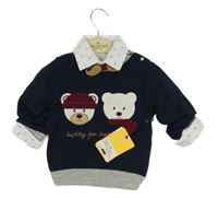 Nové - 2set - Tmavomodrý svetr s medvědem + bílá vzorovaná košile