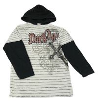 Bílo-černé pruhované triko s potiskem a kapucí NKD