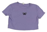 Levandulové žebrované crop tričko s motýlem Shein
