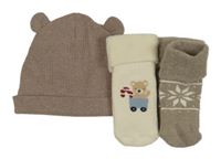 3set - Hnědá žebrovaná čepice s oušky + hnědé zateplené ponožky se vzorem + smetanové s medvědy