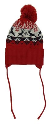 Červená vzorovaná pletená čepice se vzorem a bambulí Pep&Co