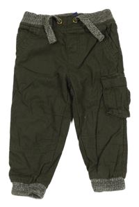 Tmavozelené plátěné podšité kalhoty s úpletovým pasem Lupilu