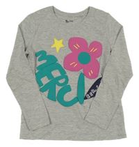 Šedé melírované triko s květem a nápisem Tu