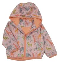 Světlerůžová šusťáková jarní bunda se zvířátky a kapucí 