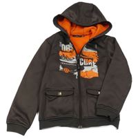 Hnědo-oranžová softshellová propínací mikina s nápisy a kapucí 