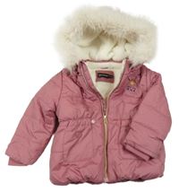 Růžová šusťáková zimní bunda s kočičkou a kapucí s kožešinou