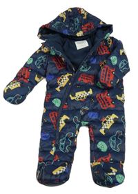 Tmavomodrá šusťáková zimní kombinéza s auty a kapucí F&F