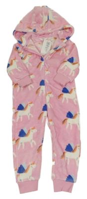 Nové - růžová plyšová kombinéza s jednorožci a kapucí M&S