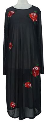 Dámské černé tylové šaty s květy H&M
