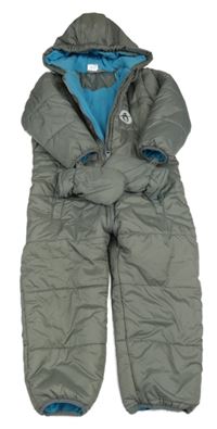 Šedá šusťáková zimní kombinéza s tučňákem a kapucí+ rukavice Impidimpi