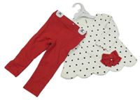 Nové - 2set- bílá puntíkatá tunika s kočkou+ červené tregíny 