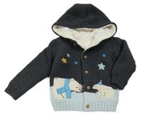 Šedo-modrý zateplený propínací svetr s medvědy a kapucí M&S