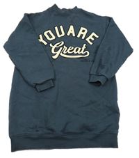 Tmavomodré teplákové šaty s nápisem Zara