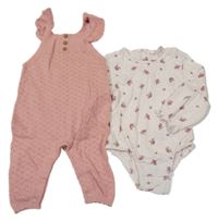 2 Set - Bílé krepové květované body + růžový pletený overal 
