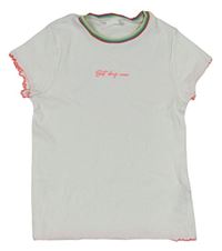 Bílé žebrované tričko s nápisem a barevným lemem M&S