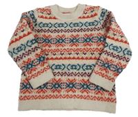 Béžovo-červeno-modrý vzorovaný pletený svetr M&S