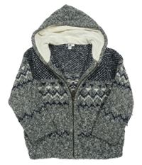 Šedo-tmavomodrý melírovaný propínací svetr se vzorem a kapucí 